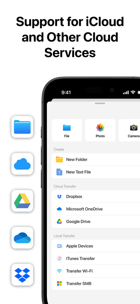Zip & RAR & 7z File Extractor - Un écran d'application mobile montrant l'intégration des services de stockage cloud pour iCloud Dropbox et Google Drive