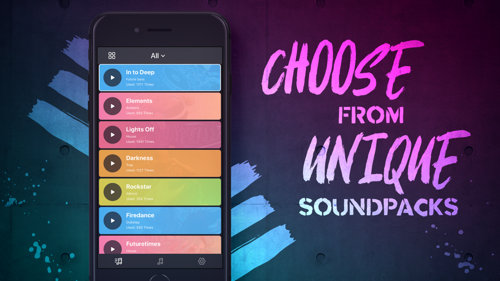 Tap2Beat - Drum Pad Machine - Tap2Beat mobile app interface displaying a library of unique music soundpacks for various genres like Trap and Future Bass.