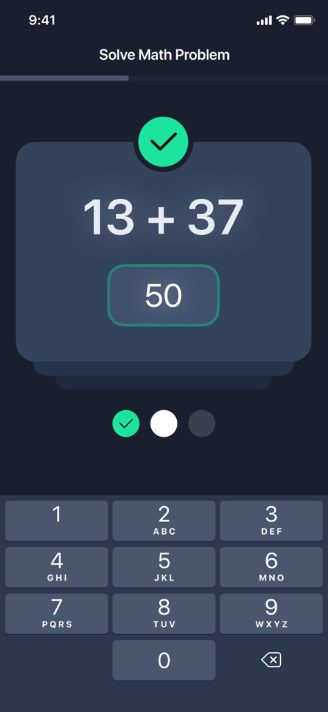 Smart Alarm Clock app interface showing a math puzzle screen to wake up