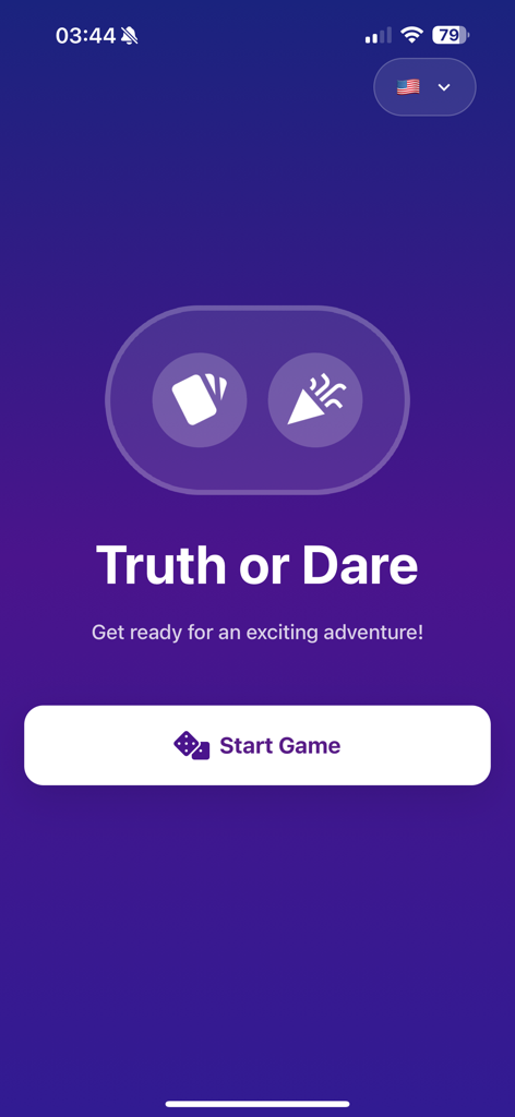 Schermata iniziale dell'app Verità o Sfida per adulti con sfondo viola e pulsante per avviare il gioco.