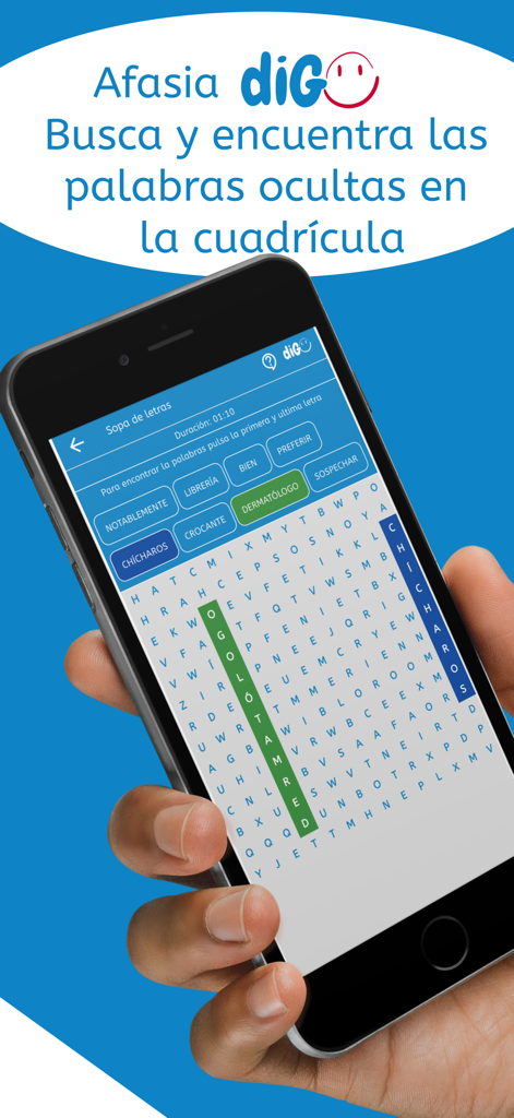AFASIA diGO - Rompecabezas de búsqueda de palabras de AFASIA diGO para rehabilitación cognitiva y del lenguaje en un smartphone.