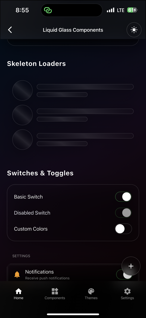Interface de ferramenta de desenvolvedor Flutter mostrando loaders esqueléticos e interruptores com efeitos de UI liquid glass em modo escuro