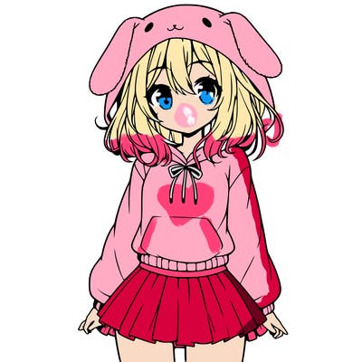 pretty anime girl wearing a fluffy hoodie with bunny ears on the hood and a skirt