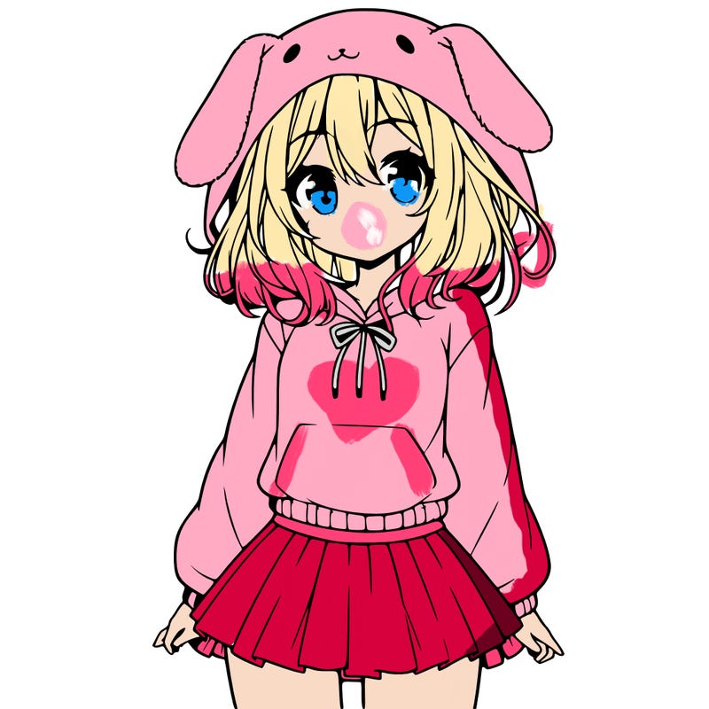 pretty anime girl wearing a fluffy hoodie with bunny ears on the hood and a skirt