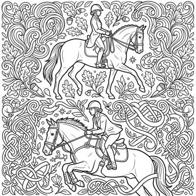 Discover the inspiring world of para-equestrian sports with this unique coloring page. It beautifully captures the elegance and determination of athletes and their horses, set against a backdrop of intricate nature and Celtic-inspired patterns.
