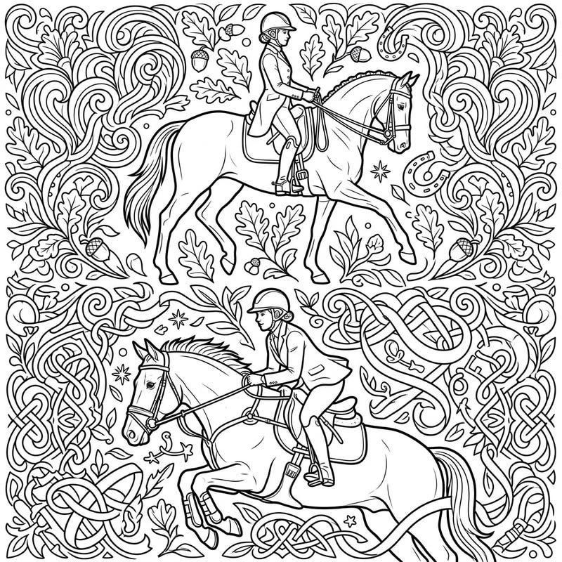 Discover the inspiring world of para-equestrian sports with this unique coloring page. It beautifully captures the elegance and determination of athletes and their horses, set against a backdrop of intricate nature and Celtic-inspired patterns.