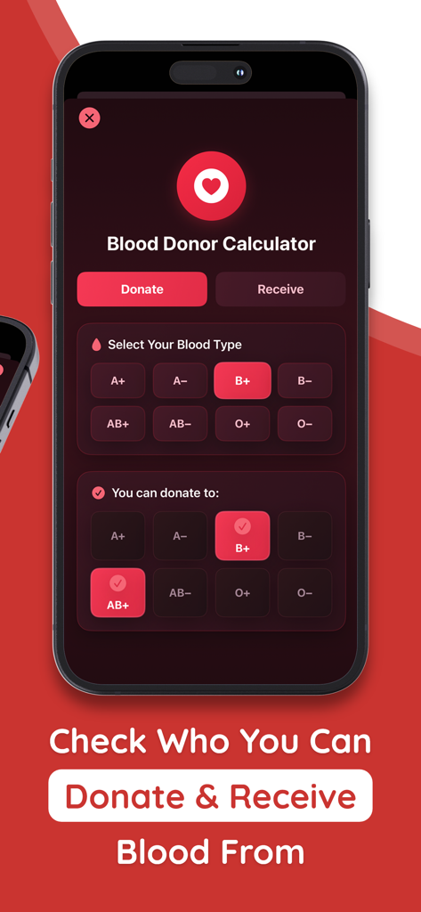 Uma tela móvel mostrando a compatibilidade de doação de sangue para o tipo sanguíneo B positivo