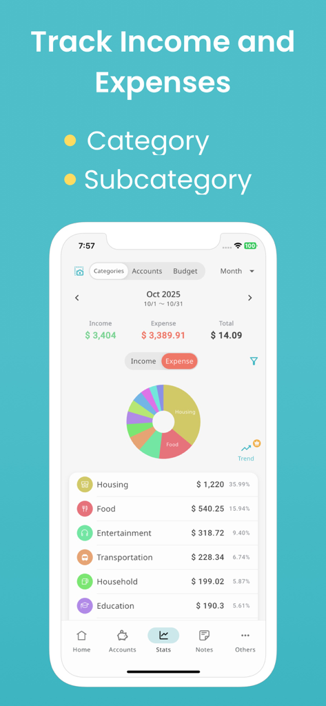 Budget planner - MoneyBoard - Estatísticas de acompanhamento de renda e despesas mensais com um gráfico de pizza e lista de categorias