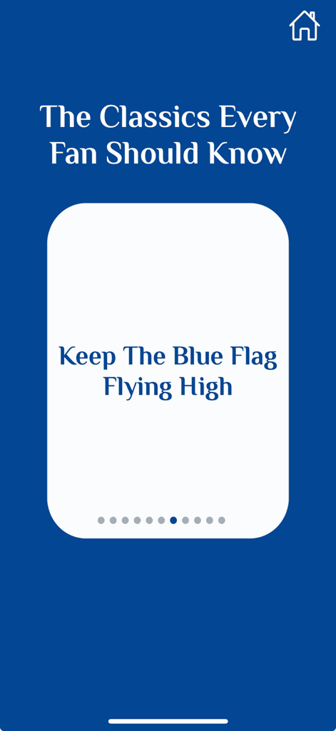Chelsea FanChant - 첼시 팬챈트 앱 인터페이스에서 클래식 노래 Keep The Blue Flag Flying High의 가사를 보여줌