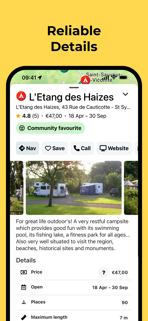 Campy app screen showing detailed information and photos for a European RV campsite