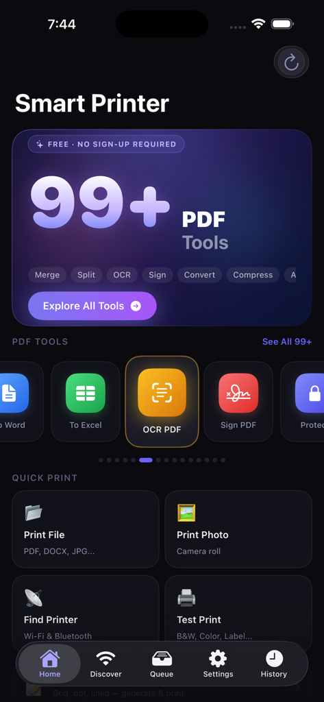 HP Smart Printer App : AiPrint - HP Smart PrinterアプリのPDF編集ツールとクイック印刷オプションをダークインターフェイスに表示したダッシュボード。