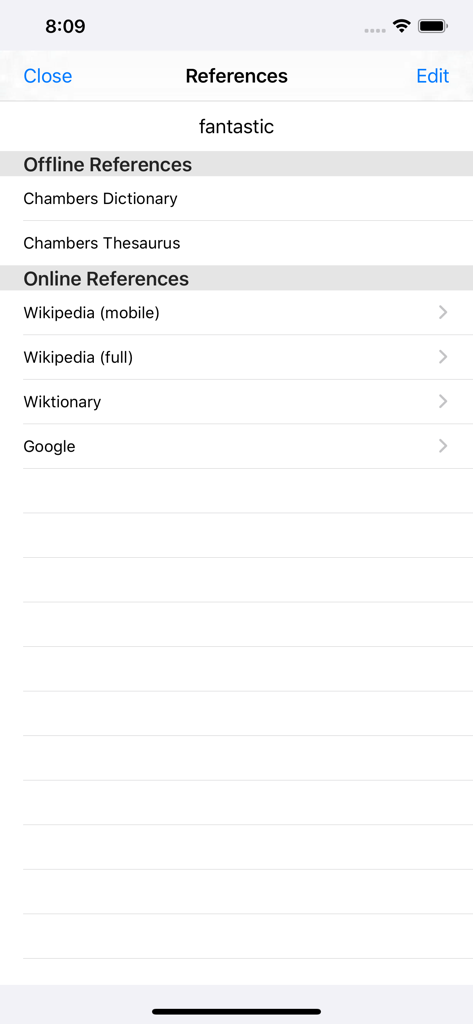 WordWeb app References screen showing offline and online dictionary sources