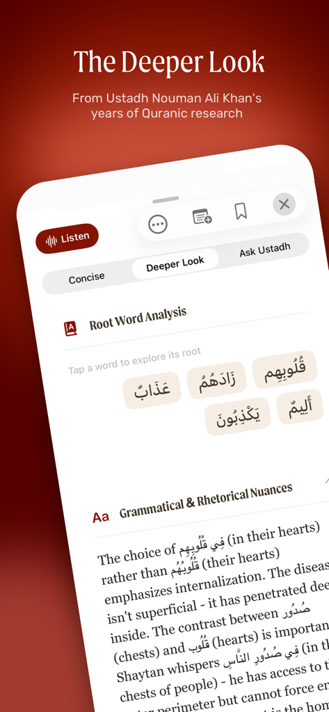The Deeper Look interface in the Revealed app featuring Quranic root word analysis and linguistic nuances