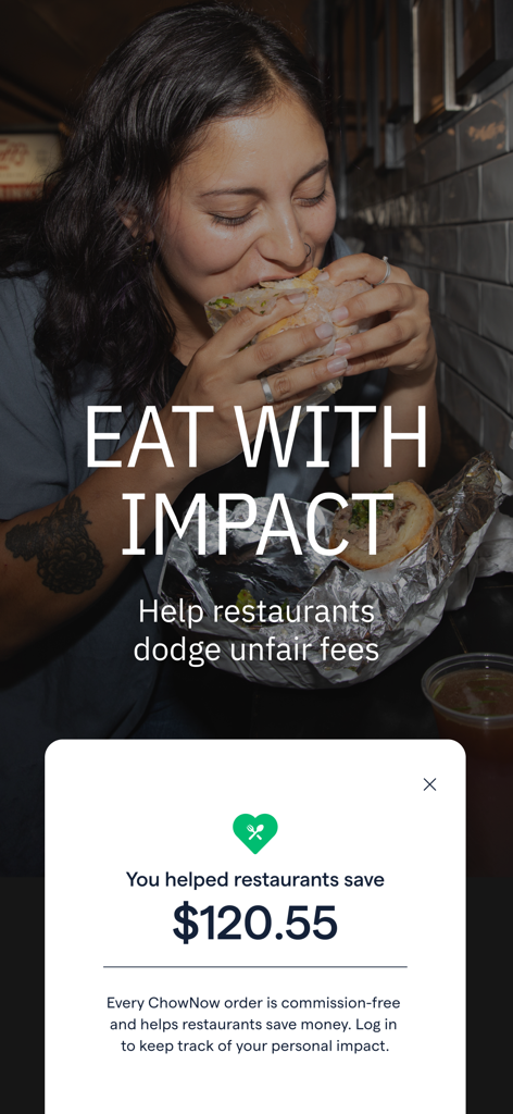 Woman eating a sandwich with text showing total savings for local restaurants on ChowNow app