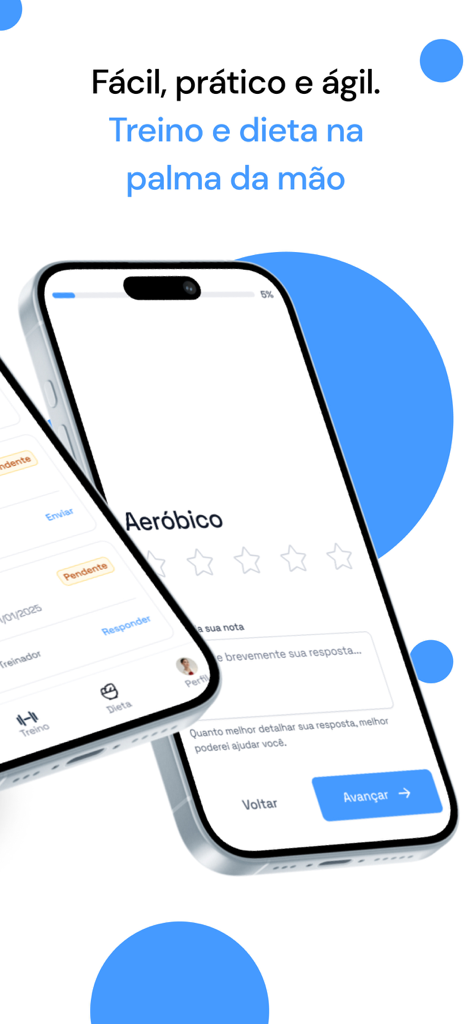 Prime Coaching - Interface do aplicativo móvel Prime Coaching em um iPhone mostrando feedback de treinamento aeróbico e navegação de rastreamento de dieta.
