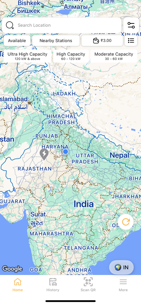 E4EV App Karte mit Ladestationen für Elektrofahrzeuge und Kapazitätsfiltern