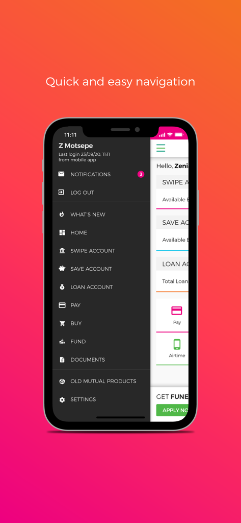 OM Money Account mobile app interface showing the side navigation menu with banking and insurance options