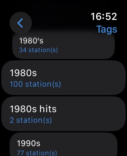Streamlets - Apple Watch screen showing radio station tags for the 1980s and 1990s