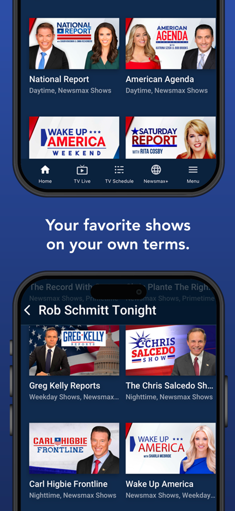 Newsmax mobile App-Benutzeroberfläche, die eine Auswahl an Nachrichtensendungen und Moderatoren anzeigt.