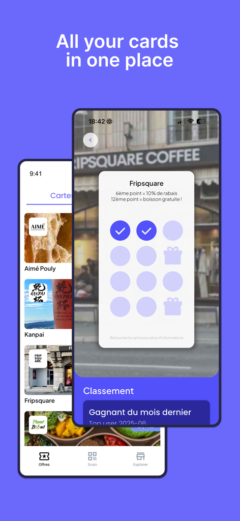 Interfaz de tarjeta de fidelización digital en la app Badger Cards mostrando el progreso de una cafetería local.