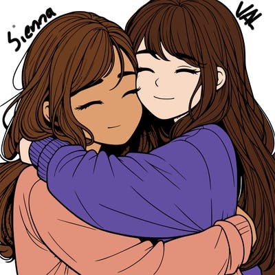 realistic two girls hugging