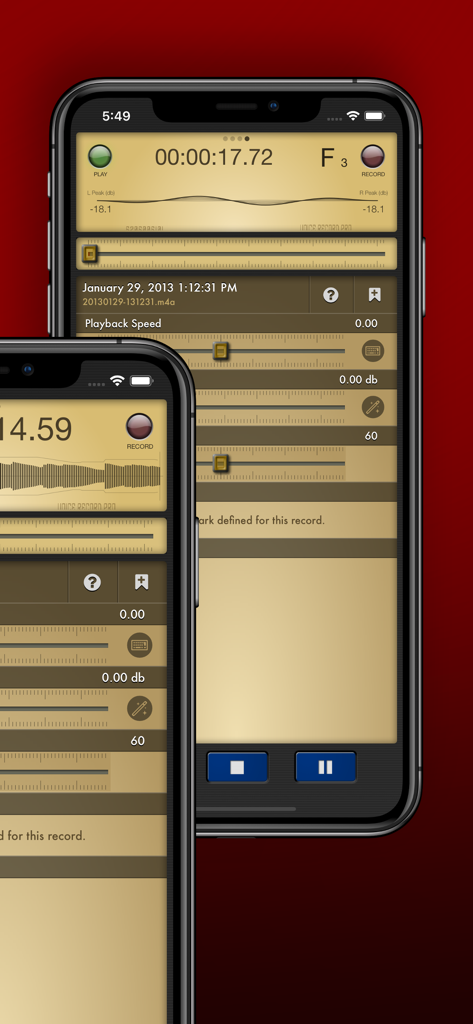Interface do aplicativo Voice Record Pro exibindo configurações profissionais de reprodução e volume no iPhone
