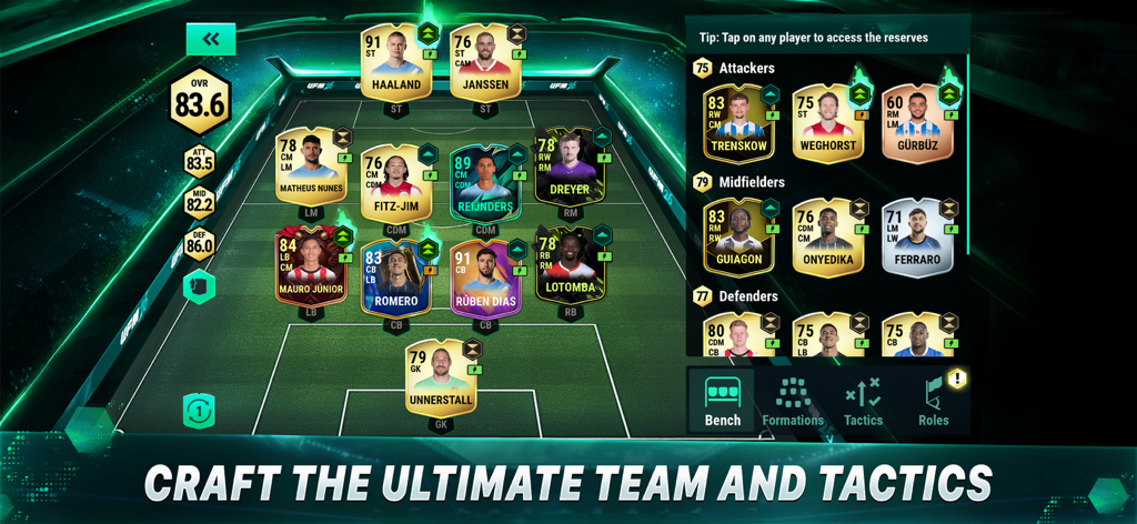 Ultimate Football Manager - Interface of Ultimate Football Manager showing a football team lineup with player cards and tactical options