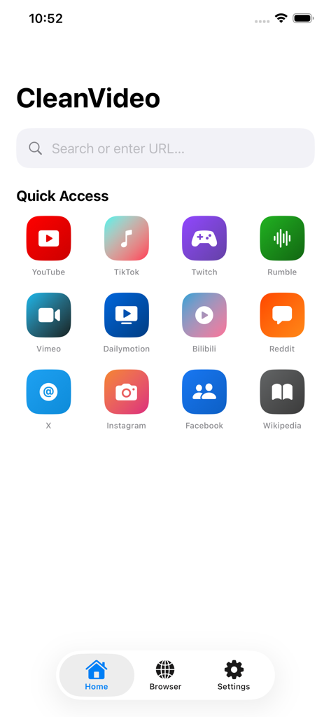 Video Lite – Player & Browser - Pantalla de inicio de la aplicación Video Lite con iconos de acceso rápido para plataformas populares de streaming de vídeo