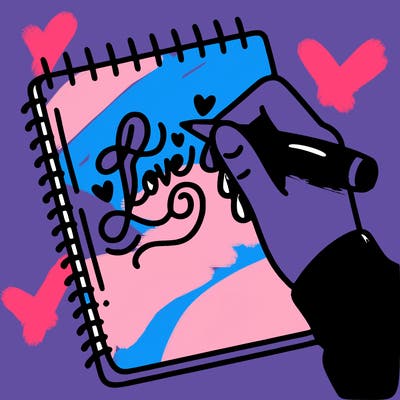 a hand writing “love” in calligraphy on a notebook