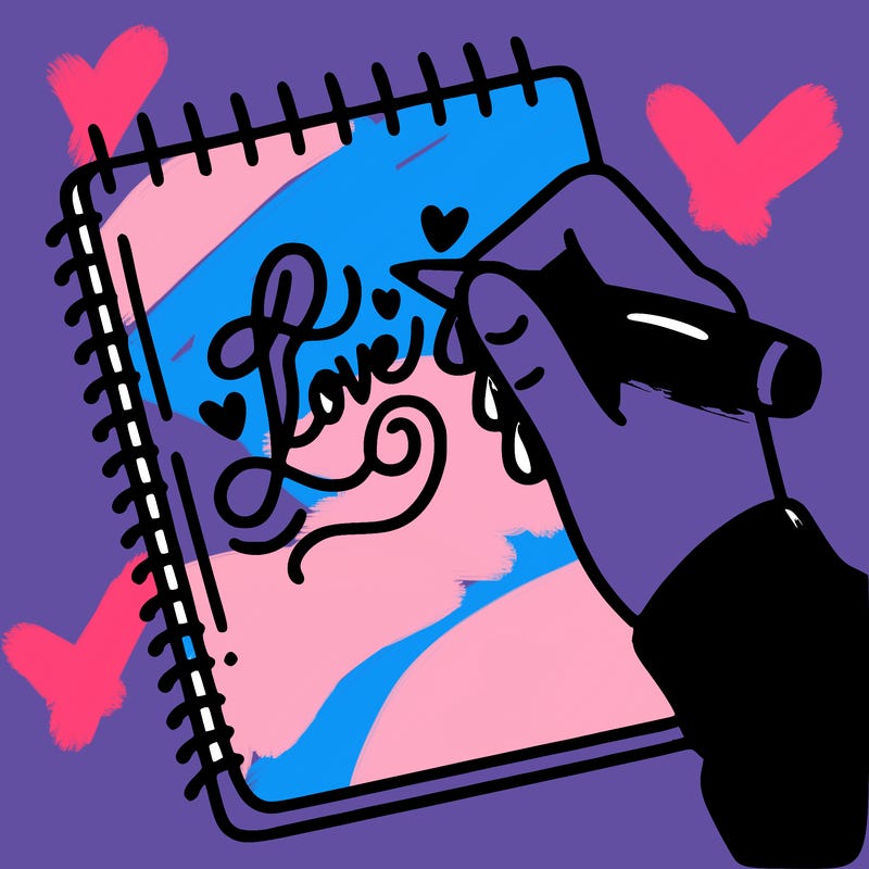 a hand writing “love” in calligraphy on a notebook