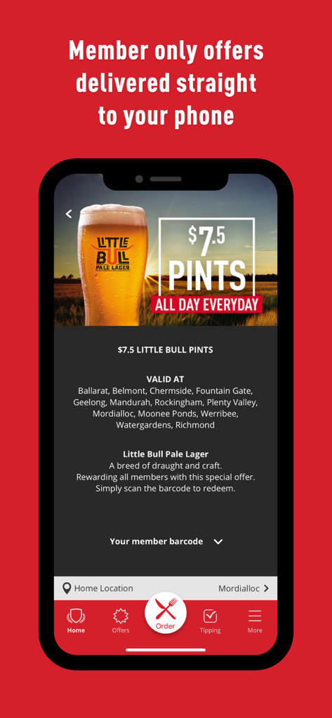 Sporting Globe - Sporting Globe app screenshot displaying a member-only offer for discounted pints of Little Bull Pale Lager