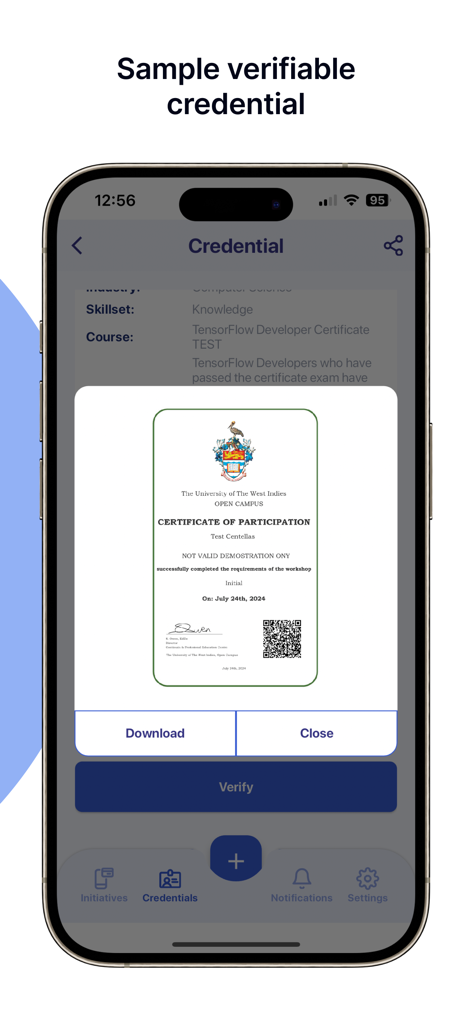 REM ID CREDENTIAL - A mobile device displaying a sample verifiable digital certificate with a QR code for secure verification within the REM ID app
