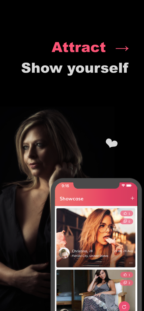 Cougar Dating Adults Singles - Interfaz de la aplicación móvil mostrando la sección de escaparate para perfiles de usuario con el titular Atrae Muéstrate