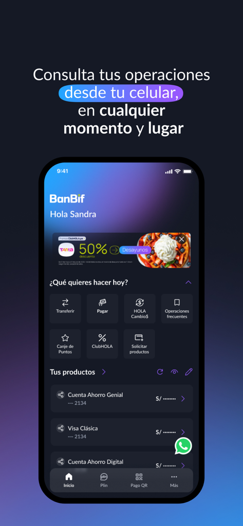 Nueva BanBif App - Pantalla principal de la aplicación móvil Nueva BanBif que muestra las cuentas del usuario, resúmenes de saldo y opciones bancarias en español.