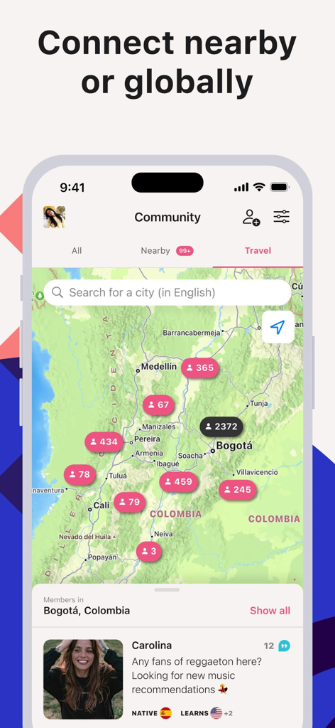 Tandem: Conversation exchange - Map of Colombia in the Tandem app showing locations of community members for language exchange.