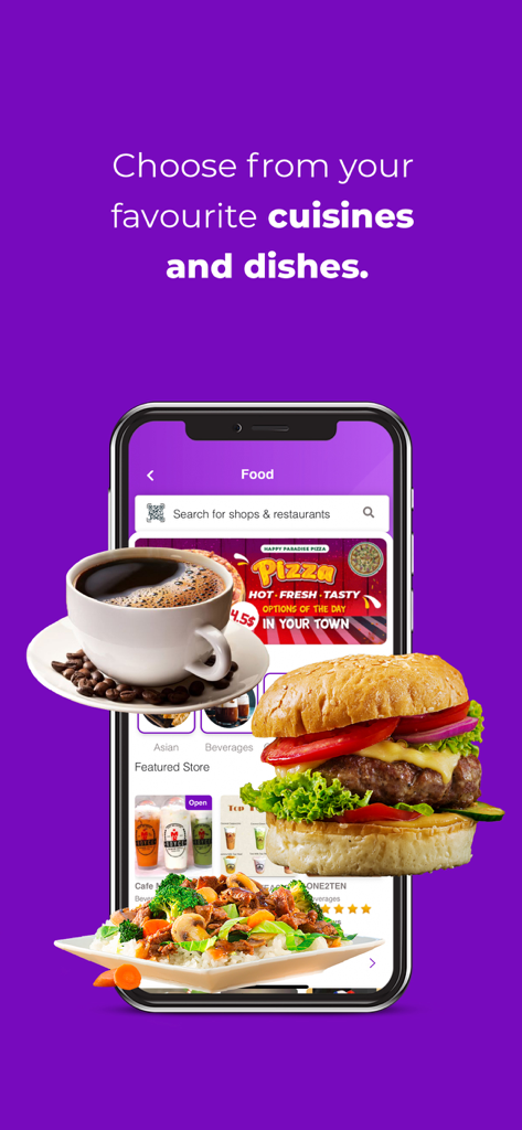 Phzaar - Phzaar app mobile interface showing food delivery options with a burger coffee and asian dish