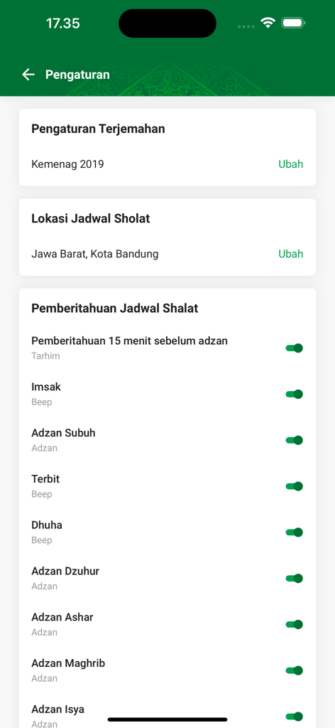 Settings menu of the Quran Kemenag app showing prayer schedule notifications and location configuration