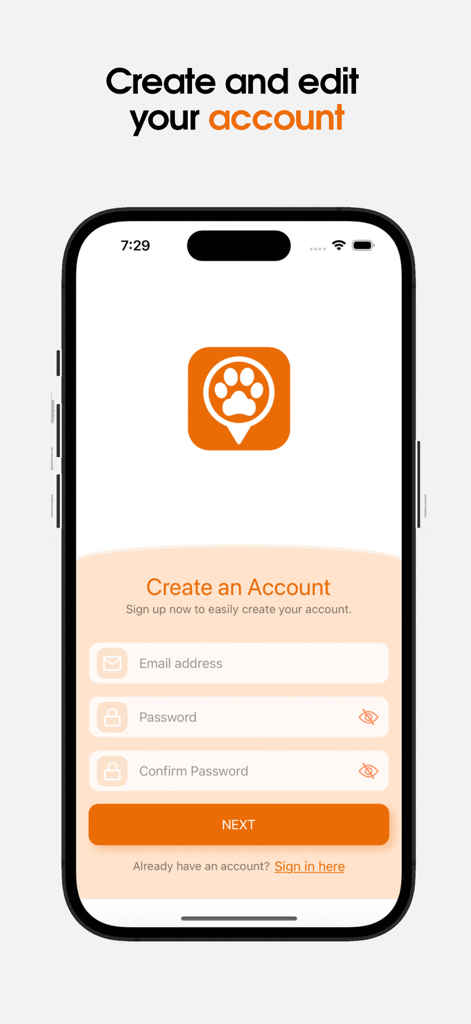 Gotcha! Lost & Found App - Registration screen for the Gotcha Lost and Found pet safety mobile app