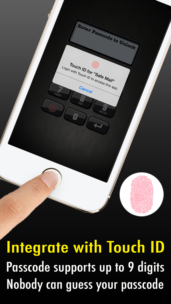 Smartphone screen showing Touch ID and passcode security for Safe Mail Gmail app