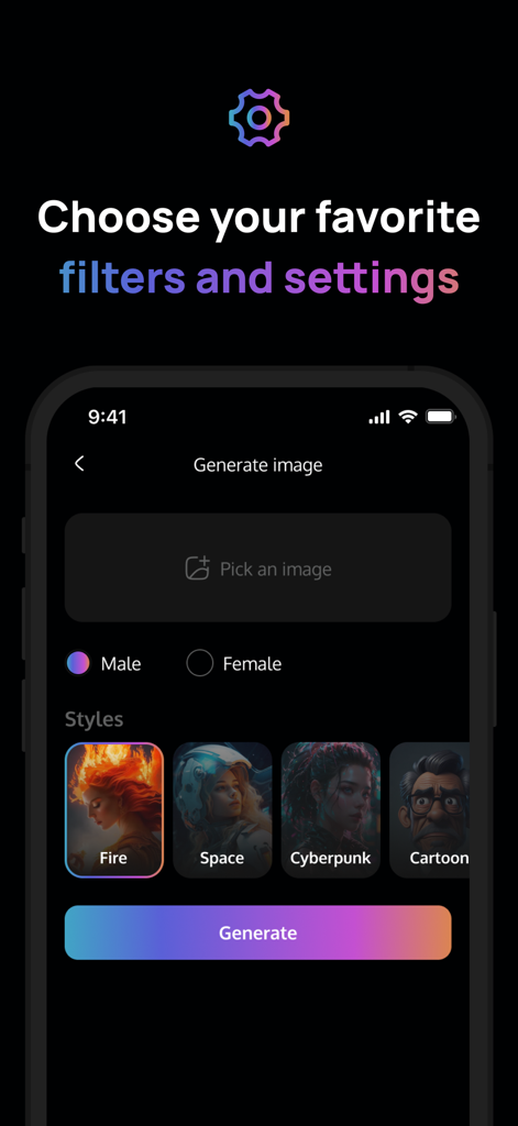 Toon Avatar Generator: AiShots - Bildschirm zur Auswahl des Stils der AiShots-App mit den Filtern Feuer, Weltraum und Cyberpunk