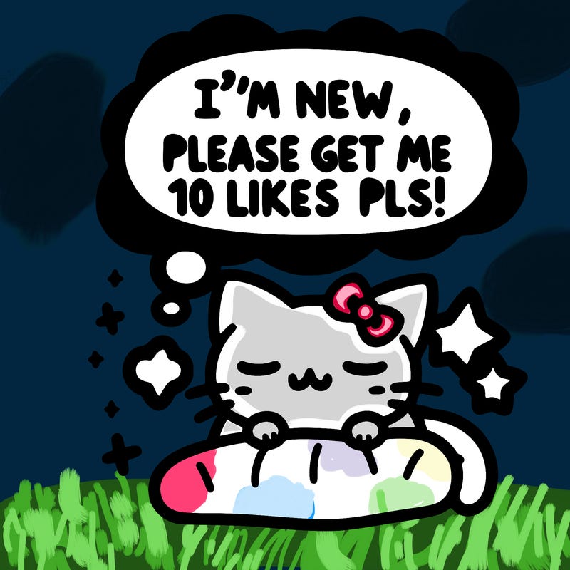 kitty taking a nap dream talking and saying "i'm new, please get me at least 10 likes pls!!"