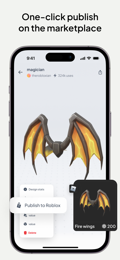 Customuse: 3D Skin Creator - Interface of Customuse app showing how to publish a 3D fire wings accessory to the Roblox marketplace.