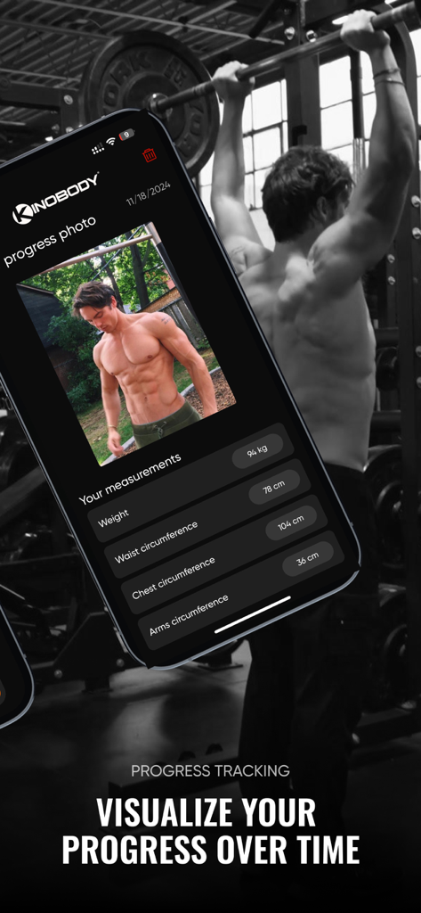 Kinobody Fitness - Kinobody app interface displaying a progress photo and body measurements for a movie star physique.