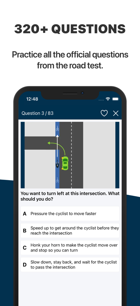 Screenshot of the NZ Road Code Driving Test app showing a theory practice question with multiple choice answers.