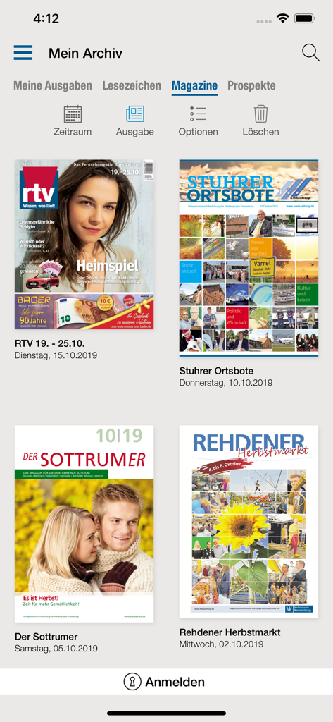 MK elona - Archivbereich der MK elona App zeigt digitale Cover lokaler deutscher Zeitschriften und Zeitungen an