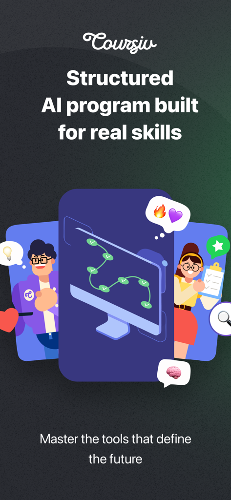 Tela promocional do aplicativo Coursiv destacando programas estruturados de IA para dominar ferramentas profissionais de carreira.