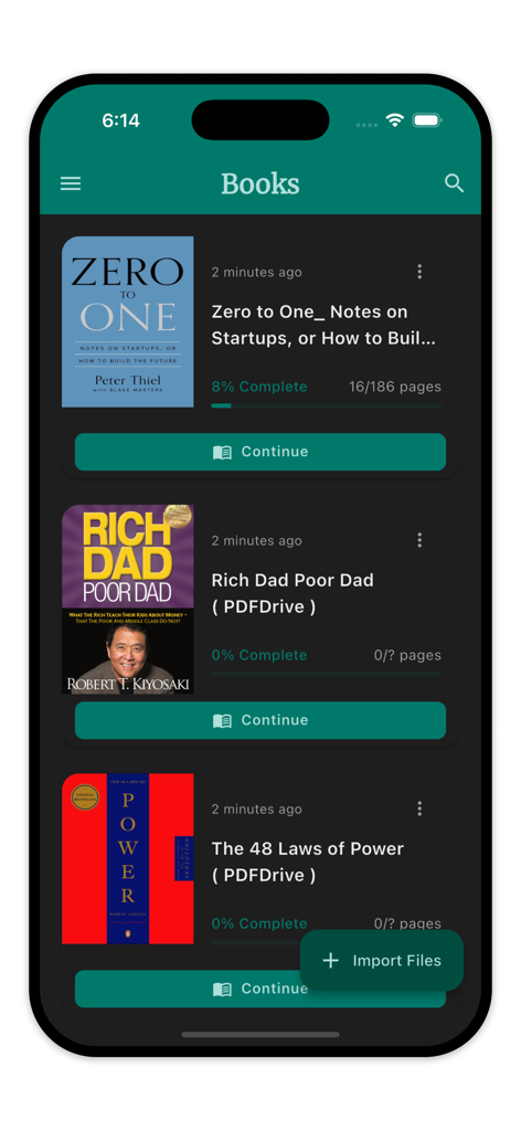 ReadFast: PDF & Book Summaries - ReadFast app showing a digital book library with titles like Zero to One and Rich Dad Poor Dad with reading progress tracking
