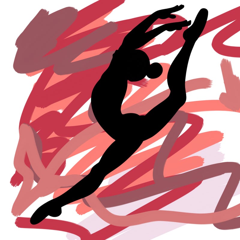 gymnast doing a leap in a leotard with a bent back leg