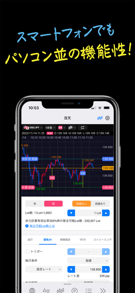 ヒロセ通商 LION FX 5 バーチャル - Interface móvel do LION FX 5 Virtual mostrando um gráfico de velas e ordens de negociação.