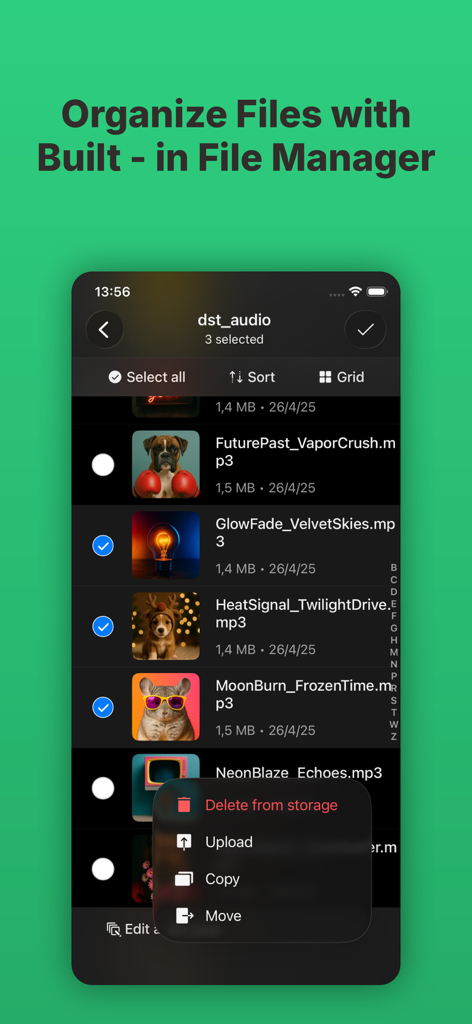 Evertag: Music Tag Editor - Evertag built-in music file manager interface with file organization and batch selection options